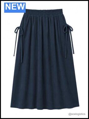 Womens Corduroy A-Line Midi Skirt Pleated Ruffle Bow Tie Elastic Waist